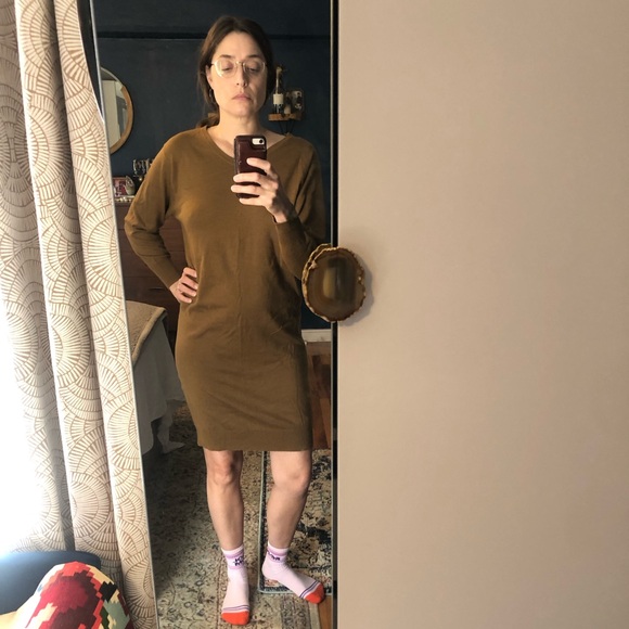 V-neck Sweater Dress - Small - Yellow-Brown - Picture 1 of 5